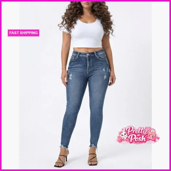 Skinny Jeans Mid Rise Ripped Stretchy Denim Pants Distressed